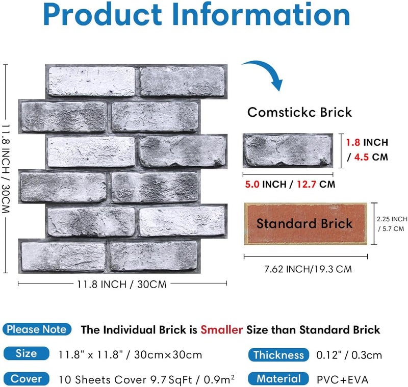COMSTICKC 3D Faux Brick Wall Panels, Peel and Stick Brick Tiles,10 Pcs of 12"X12",Small Size Thin PVC Gray Fake Brick Self Adhesive Wall Covering Backsplash Kitchen Living Room Interior Decor - Image 4